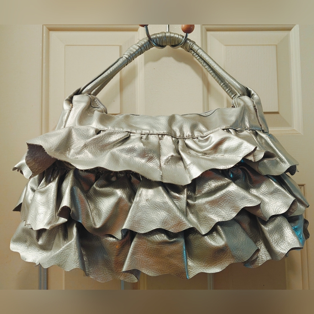 Y2K Dollhouse Metallic Silver Ruffled Large Shoulder Bag.